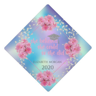 Floral Silver Graduate Cap,Holographic Graduation Cap Topper