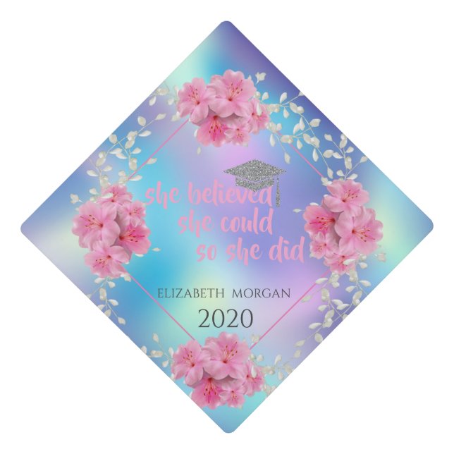 Floral Silver Graduate Cap,Holographic Graduation Cap Topper (Front)