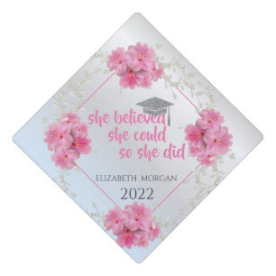 Floral Silver Graduate Cap-Motivational Message Graduation Cap Topper