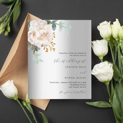 Floral silver greenery budget wedding invitation