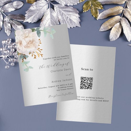 Floral silver greenery luxury QR code RSVP wedding Invitation