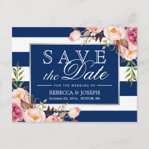 Floral Silver Navy Blue Stripes Save the Date Announcement Postcard
