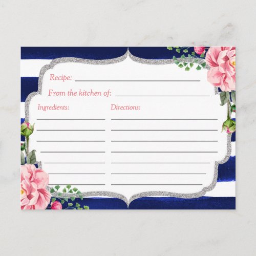 Floral Silver Navy Stripes Bridal Shower Recipe Postcard