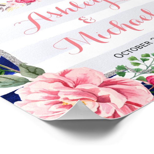 Floral Silver Navy Stripes Wedding Welcome Sign