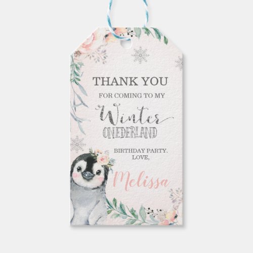 Floral Silver Penguin Winter Onederland Birthday Gift Tags