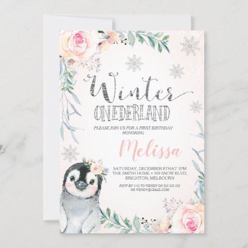 Floral Silver Penguin Winter Onederland Birthday Invitation