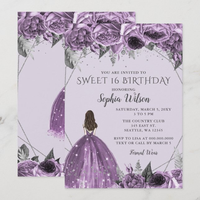 Floral Silver Purple Spakle Dress Sweet 16  Invita Invitation (Front/Back)