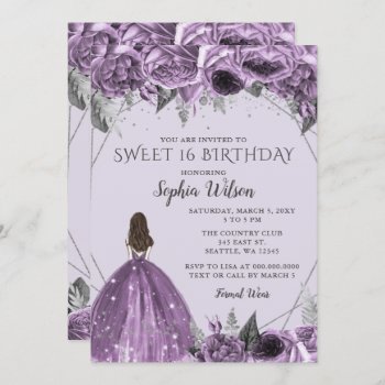 Floral Silver Purple Spakle Dress Sweet 16  Invita Invitation by Invitationboutique at Zazzle