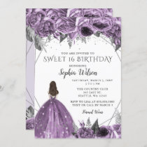 Floral Silver Purple Spakle Dress Sweet 16  Invitation