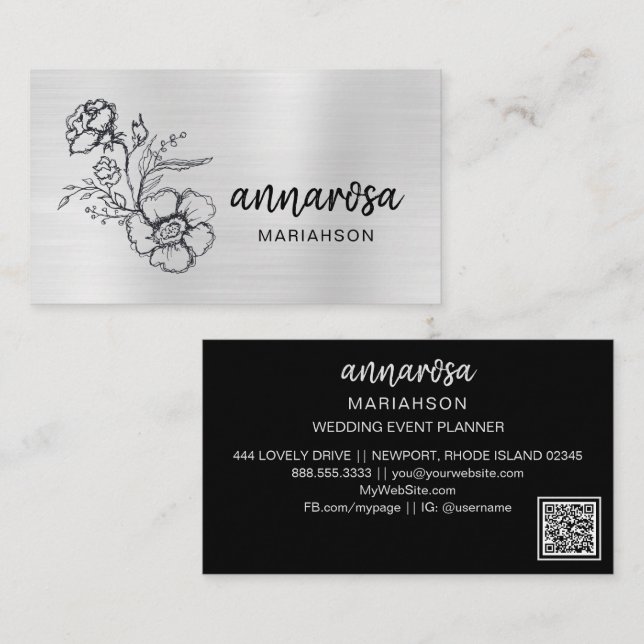 *~* Floral Silver QR LOGO PHOTO Elegant Flower  Business Card (Front/Back)