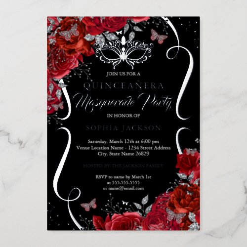 Floral Silver Red Scroll Masquerade Quinceanera Foil Invitation