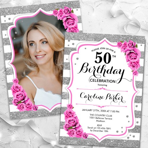 Floral Silver White Pink Photo 50th Birthday Invitation