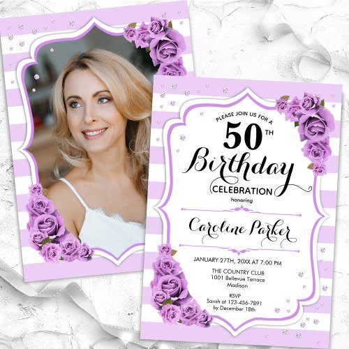 Floral Silver White Purple Photo 50th Birthday Invitation