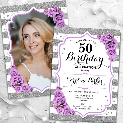 Floral Silver White Purple Photo 50th Birthday Invitation