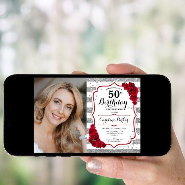 Floral Silver White Red Roses Photo 50th Birthday Invitation (Front Digital)
