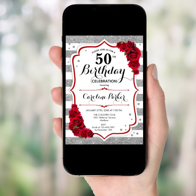 Floral Silver White Red Roses Photo 50th Birthday Invitation (Front Digital)