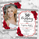 Floral Silver White Red Roses Photo 50th Birthday Invitation<br><div class="desc">Elegant, floral, feminine 50th birthday invitation with your photo at the back of the card. Glam white, red design with faux glitter silver. Features stripes, red roses, script font and confetti. Perfect for a stylish adult bday celebration party. Personalise with your own details. Can be customised for any age! Printed...</div>