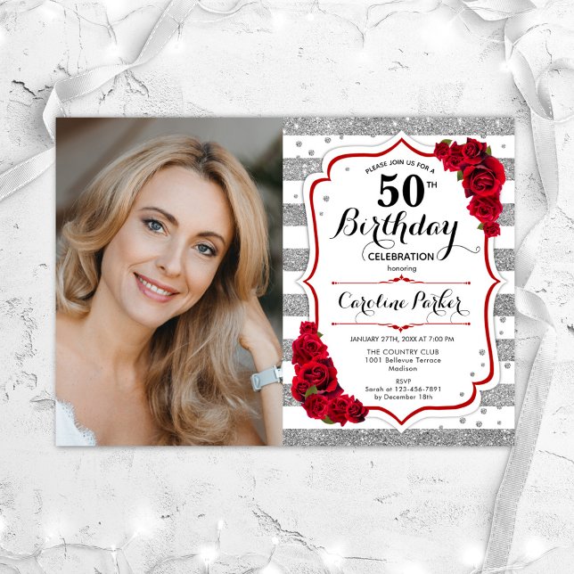 Floral Silver White Red Roses Photo 50th Birthday Invitation (Creator Uploaded)