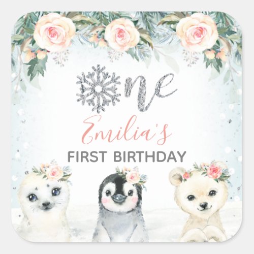 Floral Silver Winter Animals 1st Birthday Sticker