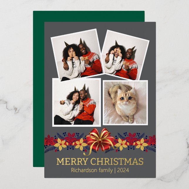 Floral Simple Elegant Family Christmas Photo Foil Holiday Card (Front/Back)