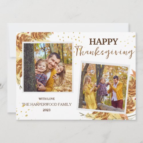 Floral Simple Modern thanksgiving family 2 photo Holiday Card