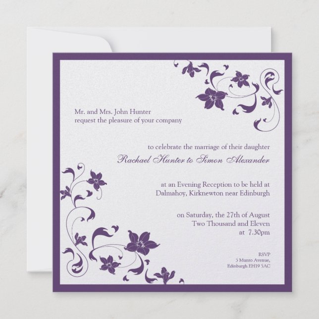 Floral Simple Wedding Invitation - Purple (Front)
