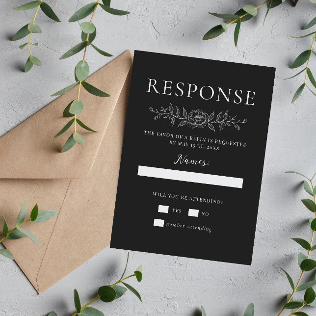 Floral Simplicity 1 Black Minimal Wedding RSVP Card (Creator Uploaded)