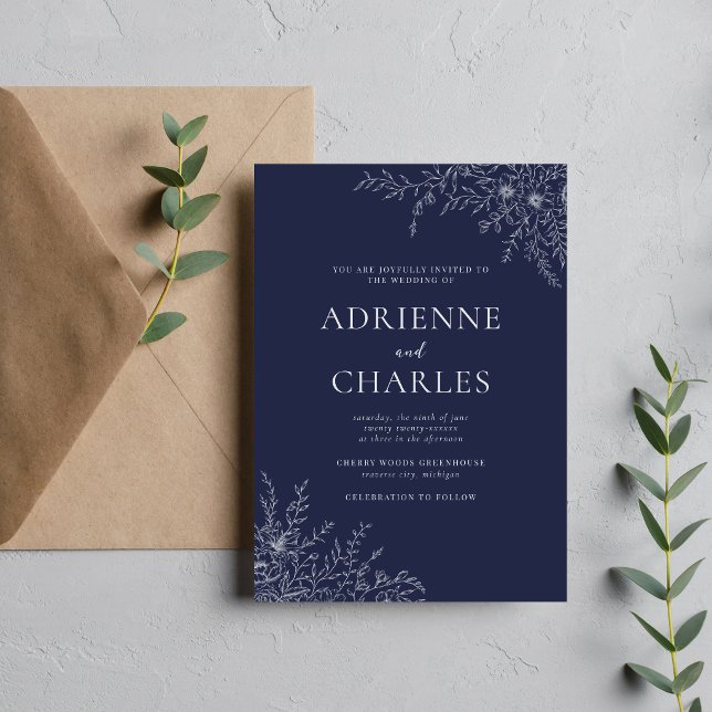 Floral Simplicity 1 Dark Navy Blue Minimal Wedding Invitation (Creator Uploaded)