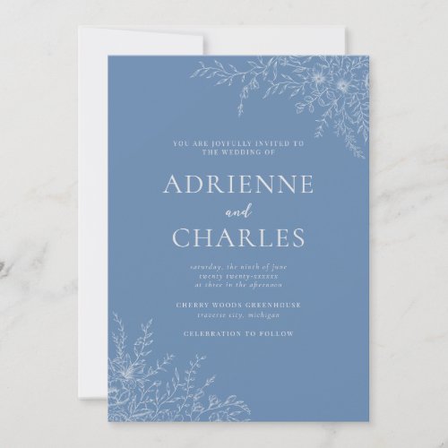 Floral Simplicity 1 Denim Blue Minimal Wedding Invitation