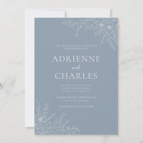 Floral Simplicity 1 Dusty Blue Minimal Wedding Invitation
