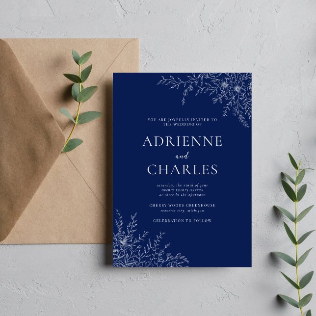 Floral Simplicity 1 Ink Blue Minimal Wedding Invitation (Creator Uploaded)