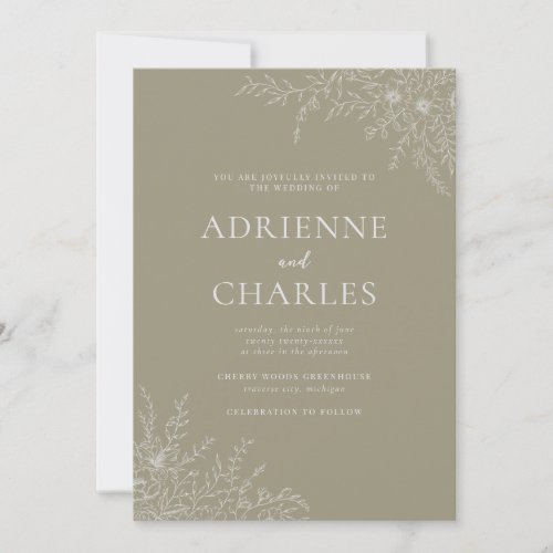 Floral Simplicity 1 Moss Green Minimal Wedding Invitation