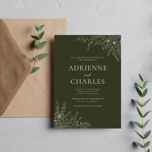 Floral Simplicity 1 Olive Green Minimal Wedding Invitation (Creator Uploaded)