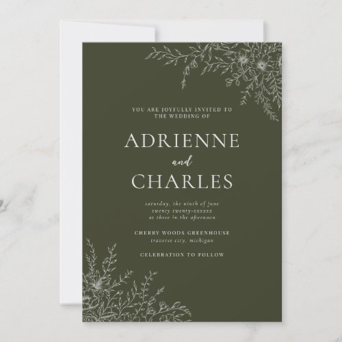 Floral Simplicity 1 Olive Green Minimal Wedding Invitation