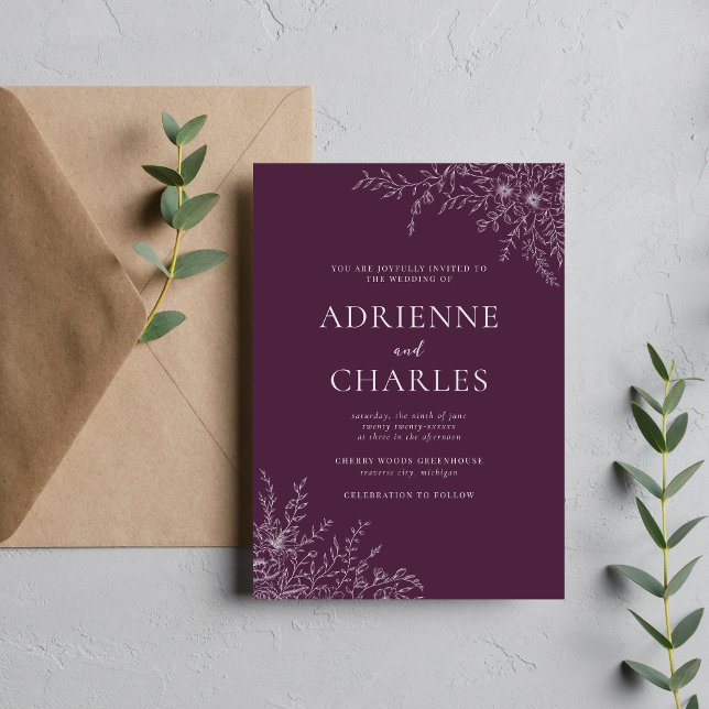 Floral Simplicity 1 Plum Purple Minimal Wedding Invitation (Creator Uploaded)