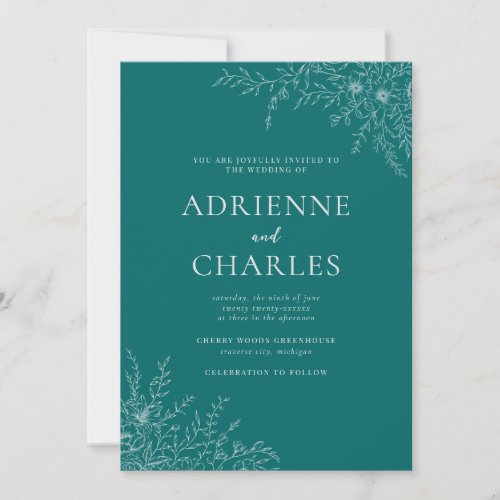 Floral Simplicity 1 Teal Minimal Wedding Invitation