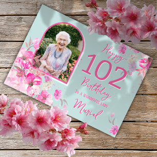 Floral Single Photo 102nd Birthday Card
