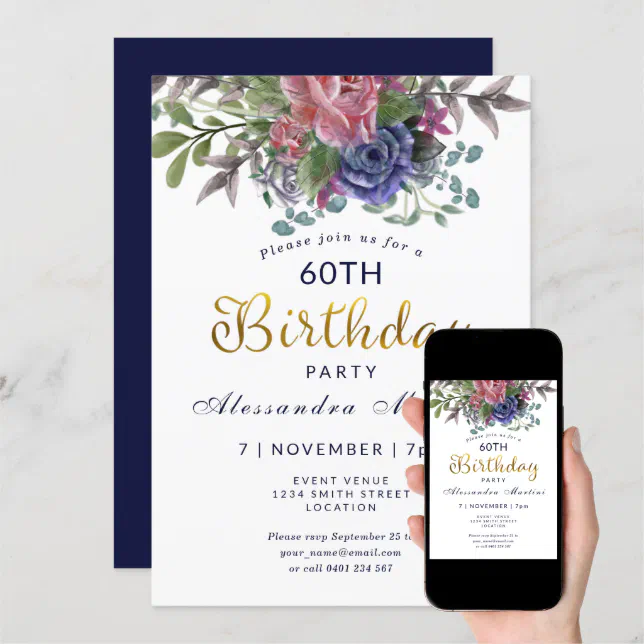 Floral Sixty and fabulous red rose gold birthday Invitation | Zazzle