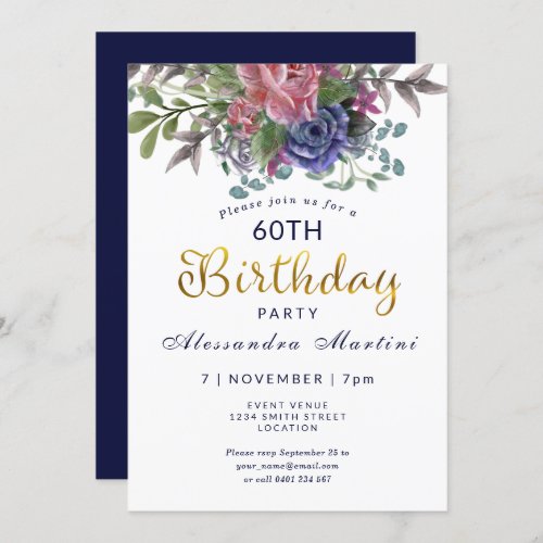Floral Sixty and fabulous red rose gold birthday Invitation
