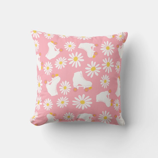 Floral Skates Roller Skating Pattern Birthday Pink Throw Pillow (Front)