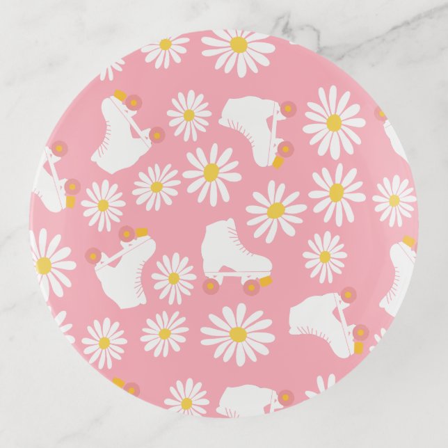 Floral Skates Roller Skating Pattern Birthday Pink Trinket Tray (Front)