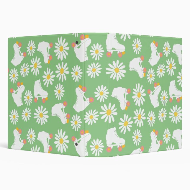 Floral Skates Roller Skating Pattern Green  3 Ring Binder (Background)