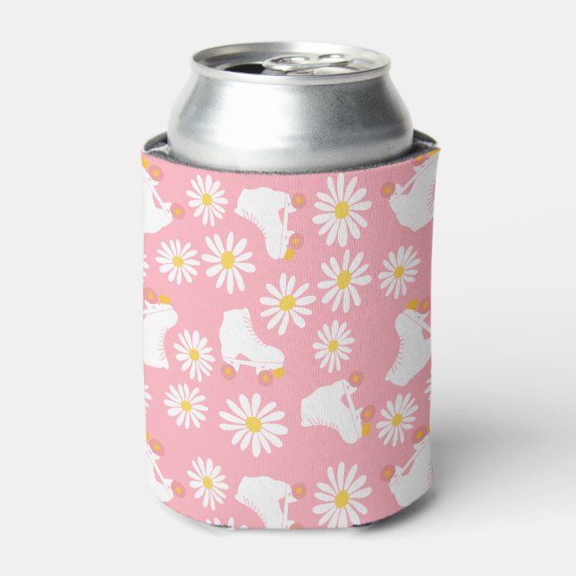 Floral Skates Roller Skating Pattern Pink  Can Cooler (Can Front)