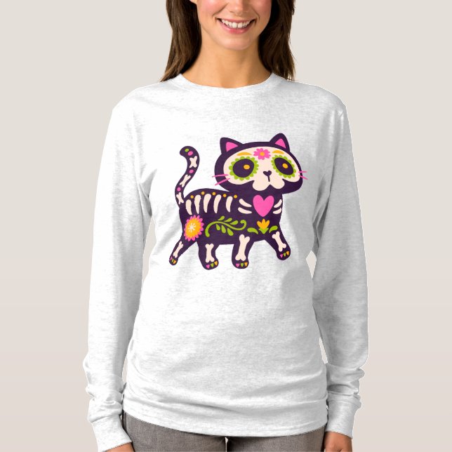 Floral Skeleton Cat Delight T-Shirt (Front)