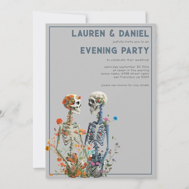 Floral Skeleton Couple QR Wedding Evening Party Invitation (Front)