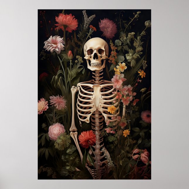 Floral Skeleton Gothic Portrait Print, Dark Poster (Front)