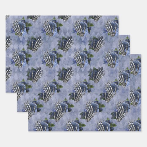 Floral Skeleton Hands on Blue Wrapping Paper Sheets