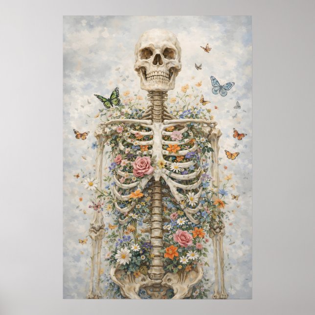 Floral Skeleton Poster, Butterfly Anatomy Wall Poster (Front)