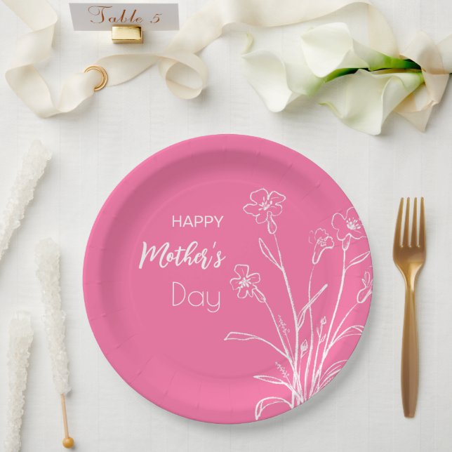 Floral Sketch Happy Mother’s Day  Paper Plates (Wedding)