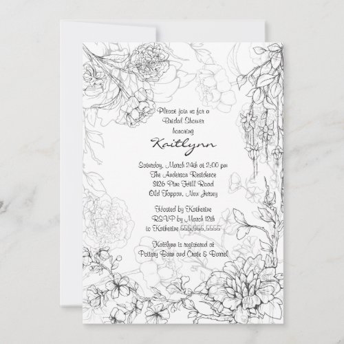 Floral Sketch on White Bridal Shower Invitation